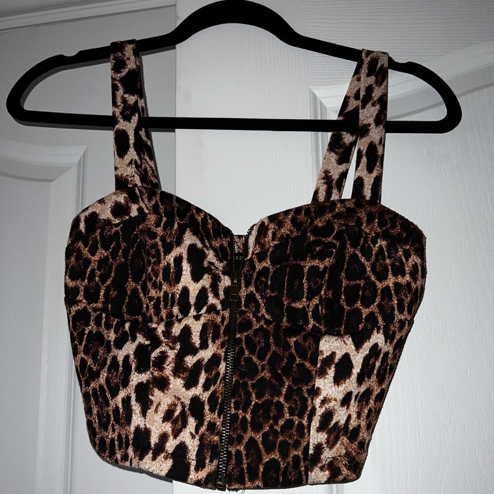 Forever 21 Leopard Print Zip-Front Crop Top - Brown, Black, Cream